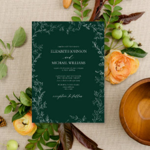 Elegant Modern Emerald Green Minimal Leaf Wedding Kaart
