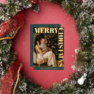 Elegant Modern Family Photo Green Merry Christmas Folie Feestdagenkaart
