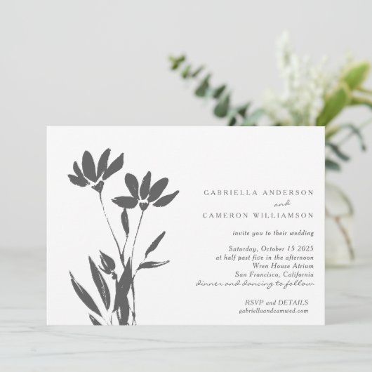Elegant Modern Floral Black White Wedding Kaart (Staand voorkant)