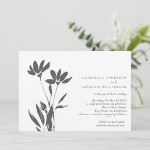 Elegant Modern Floral Black White Wedding Kaart