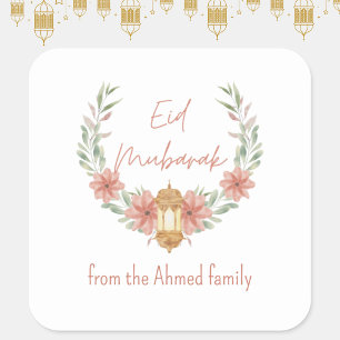 Elegant Modern Floral Eid Mubarak Naam Roze Wit Vierkante Sticker