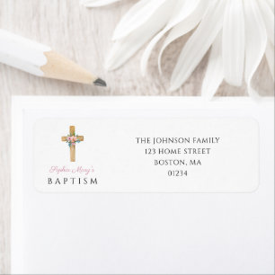 Elegant modern Floral Religious Cross Baptisme Etiket