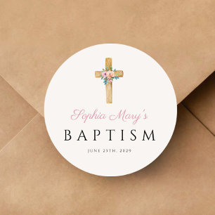 Elegant modern Floral Religious Cross Baptisme Ronde Sticker