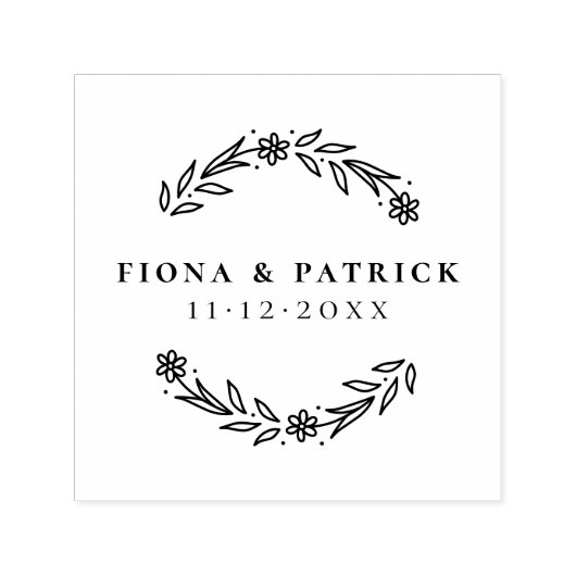 Elegant Modern Floral Wreath Names and Wedding Dat Zelfinktende Stempel (Design)