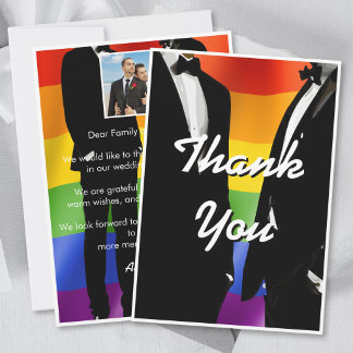 Elegant Modern Gay Men Wedding Rainbow Photo Bedankkaart