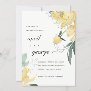 Elegant Modern Geel Groen Waterverf Bloemen Save The Date