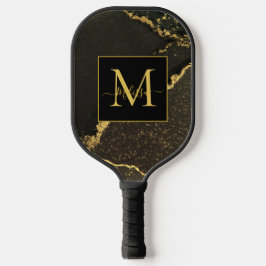 Elegant Modern Gold and Black Marbled Monogram Pickleball Paddle
