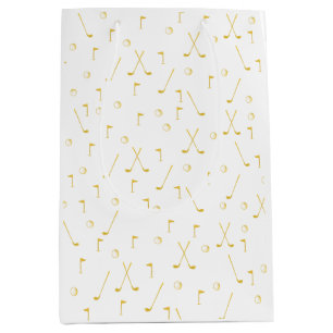 Elegant Modern Gold Golf Pattern Golfer White Medium Cadeauzakje