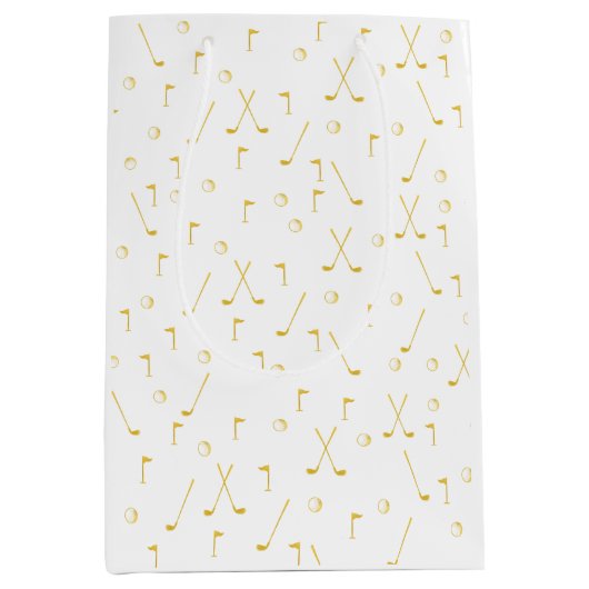 Elegant Modern Gold Golf Pattern Golfer White Medium Cadeauzakje (Voorkant)