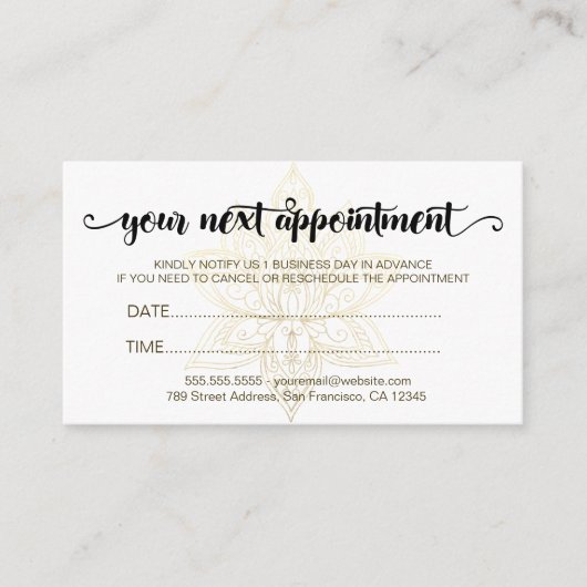 Elegant Modern Gold Lotus Flower Script Afsprakenkaartje (Voorkant)