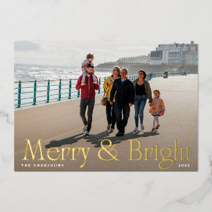 Elegant Modern Gold Ppress Photo Merry en Bright Folie Feestdagenkaart