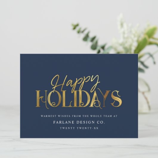 Elegant modern Gold Script Business Blue Feestdagenkaart (Staand voorkant)