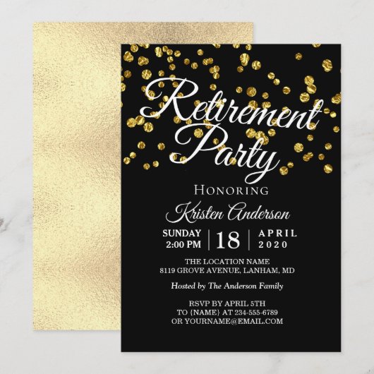 Elegant Modern Gold Sparkles Retirement Party Kaart (Voorkant / Achterkant)