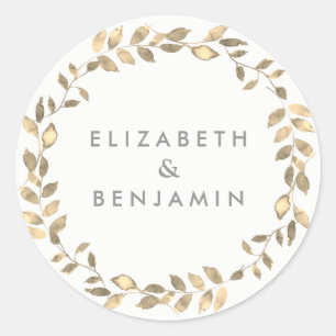 Elegant Modern Golden Leaf Wreath Wedding Ronde Sticker