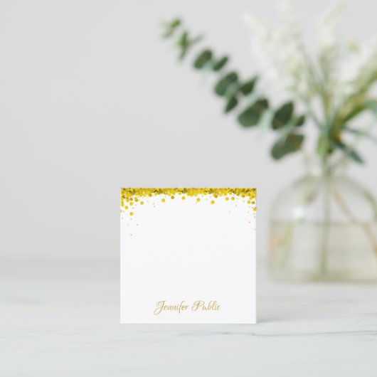 Elegant Modern Goud Confetti Hand Script Tekst Vierkante Visitekaartje (Staand voorkant)