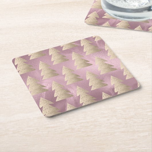 Elegant modern goud- en roze kerstboompatroon vierkante kartonnen onderzetter (Schuin)