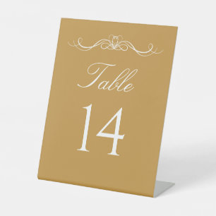Elegant Modern Goud & Wit Script Tafelnummer Reclamebord Met Voetstuk