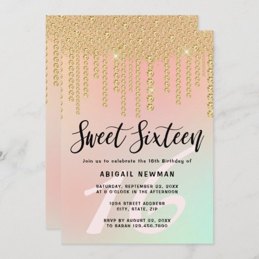 Elegant modern gouddiamant druppelt zoet zestien kaart (Voorkant / Achterkant)