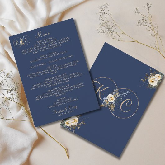 Elegant Modern Gouden Monogram Navy Blauwe Trouw  Menu