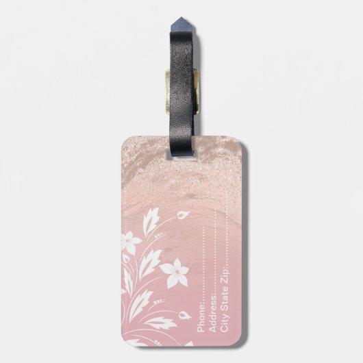 Elegant modern gradiënt roos goud glitter floral bagagelabel (Achterkant verticaal)