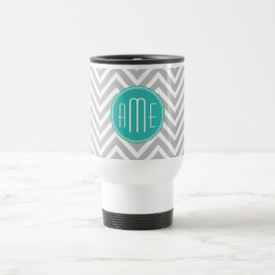 Elegant Modern Gray Chevron en Mint Monogram Reisbeker