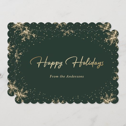 Elegant Modern Green Gold Snowflake Holiday Card Feestdagenkaart (Voorkant / Achterkant)