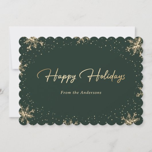 Elegant Modern Green Gold Snowflake Holiday Card Feestdagenkaart (Voorkant)
