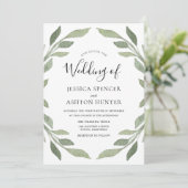 Elegant Modern Green Leaf Wreath Wedding Invite Kaart (Staand voorkant)