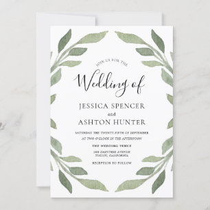 Elegant Modern Green Leaf Wreath Wedding Invite Kaart