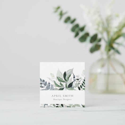 Elegant Modern Green Leafy Tropical Foliage Fern Vierkante Visitekaartje (Staand voorkant)