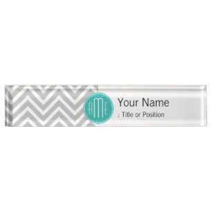 Elegant Modern Grijs Chevron en Mint Monogram Naambordje