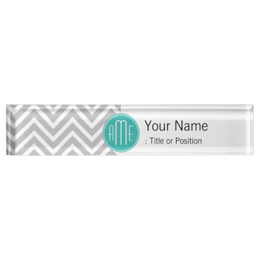 Elegant Modern Grijs Chevron en Mint Monogram Naambordje (Voorkant)