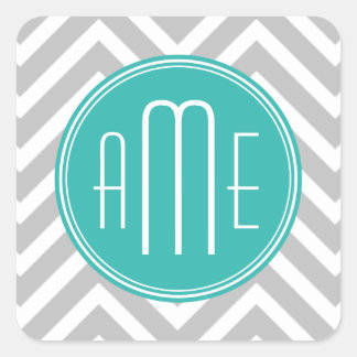 Elegant Modern Grijs Chevron en Mint Monogram Vierkante Sticker