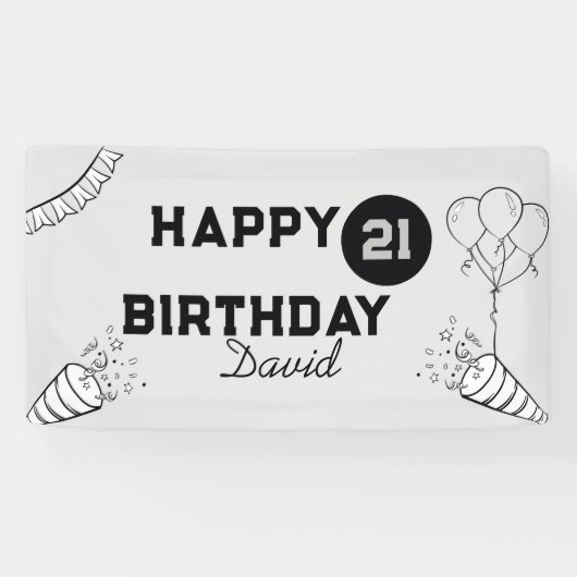 Elegant Modern Grijs en Zwart Gelukkig 21e verjaar Spandoek (Horizontaal)