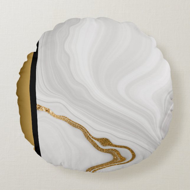Elegant Modern Grijs Wit Goud Marmeren Patroon Rond Kussen (Voorkant)