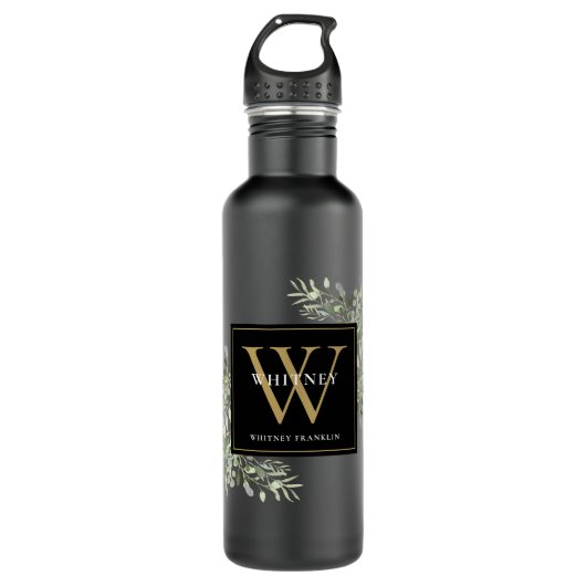 Elegant modern groen zwart goud monogram waterfles  (Voorkant)