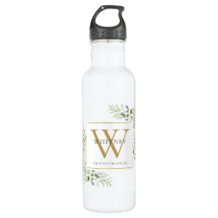 Elegant Modern Groene Plant Gouden Monogram Waterfles