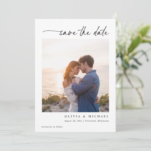 Elegant Modern Handwriting Black and White Wedding Save The Date (Staand voorkant)