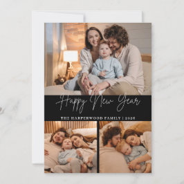 Elegant Modern Happy New Year Black 3 Collage Feestdagenkaart