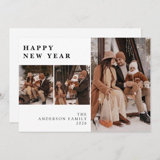 Elegant Modern Happy New Year Family 3 Photo Feestdagenkaart (Voorkant / Achterkant)