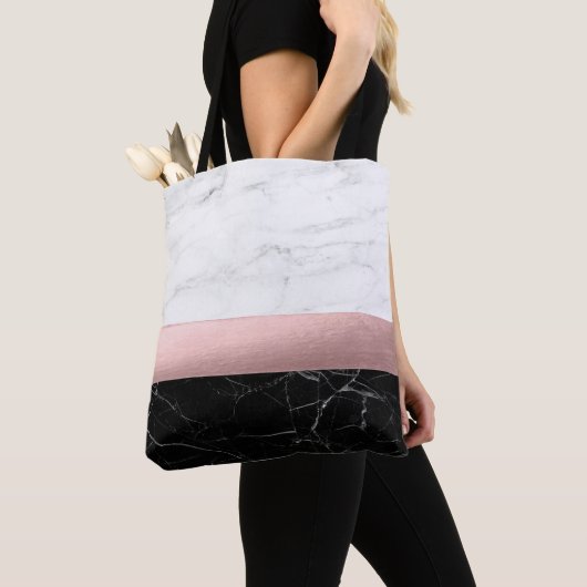 elegant modern, helder zwart marmer roos goud tote bag (Dichtbij)