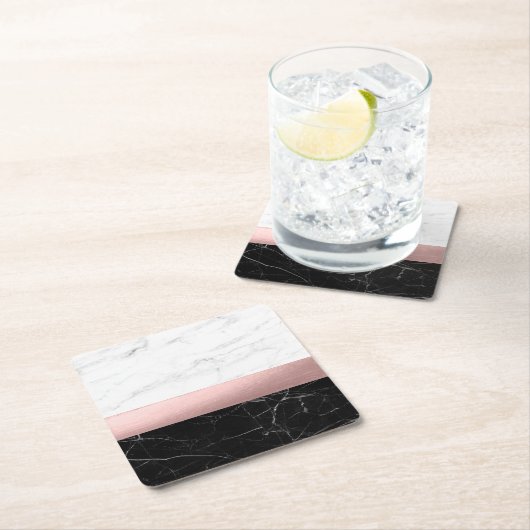 elegant modern, helder zwart marmer roos goud vierkante kartonnen onderzetter (Insitu)