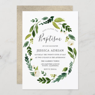 Elegant modern Leaf Floral Wreath Baptism Invite Kaart