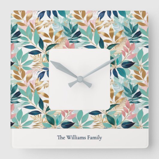 Elegant Modern Leaf Pattern Personalized Vierkante Klok (Voorkant)