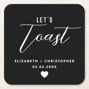 Elegant Modern "Let's Toast" Black White Wedding Vierkante Kartonnen Onderzetter