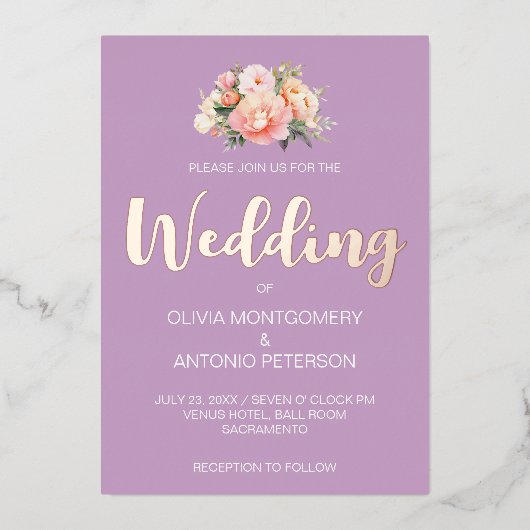 Elegant Modern Licht Roze Pioen Lila Bruiloft Folie Uitnodiging (Voorkant)