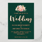 Elegant Modern Licht Roze Pioen Smaragd Bruiloft Folie Uitnodiging (Voorkant)