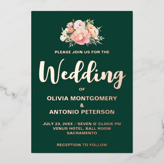 Elegant Modern Licht Roze Pioen Smaragd Bruiloft Folie Uitnodiging (Voorkant)