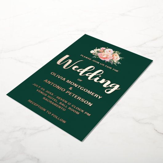 Elegant Modern Licht Roze Pioen Smaragd Bruiloft Folie Uitnodiging (Gedraaid)