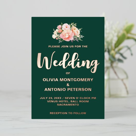 Elegant Modern Licht Roze Pioen Smaragd Bruiloft Folie Uitnodiging (Staand Voorkant)